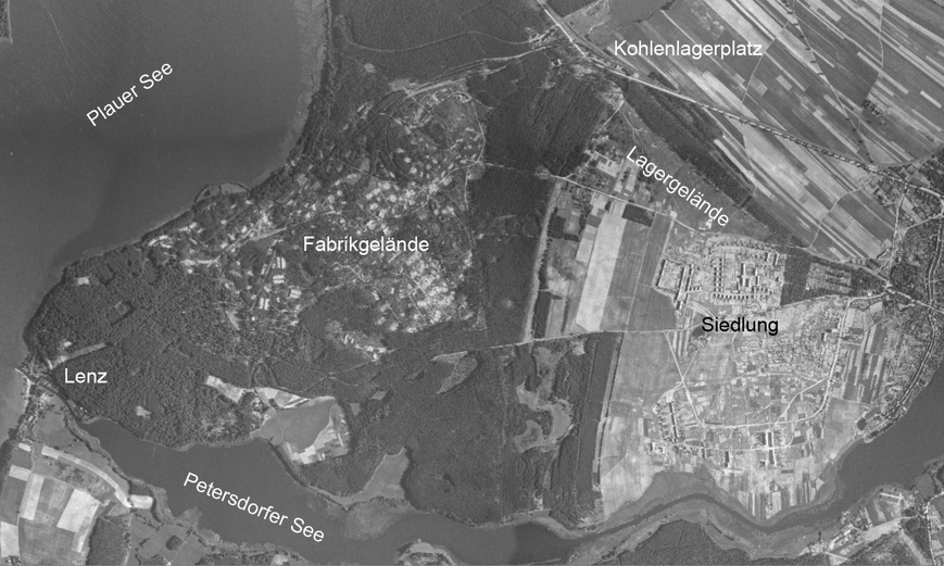 Abb. 4. Malchow, Lkr. Mecklenburgische Seenplatte. Gesamtkomplex der Munitionsfabrik im Luftbild von 1953. 