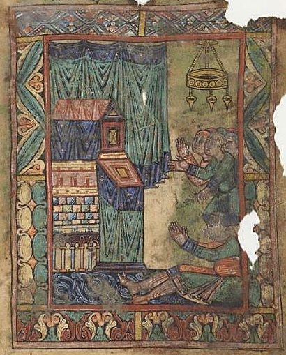 Abb. 3: Aufhängung eines Leuchters mit Öllampen mittels eines dreiflügeligen Kettenhalters. Vita Sancti Albini, um 1100 (Nouv. Acq. Lat. 1360, Fol. 6, Französische Nationalbibliothek). 