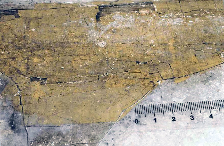Download: Abb. 7. Detailaufnahme des Goldhintergrundes nach dem Festigen und Niederlegen der aufstehenden Farbschollen. (Foto: A.Schlegel, HfbK Dresden) Abb. 7. Detailaufnahme des Goldhintergrundes nach dem Festigen und Niederlegen der aufstehenden Farbschollen.