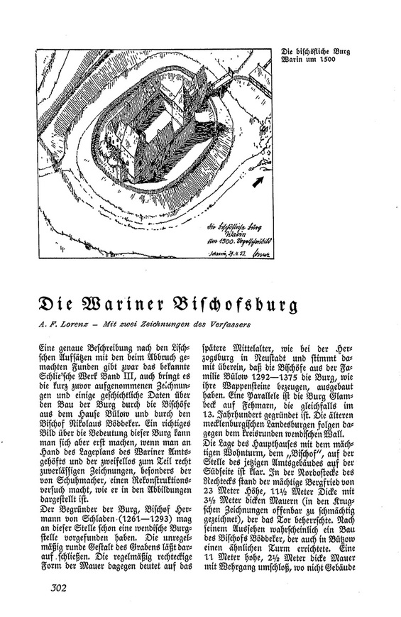 Abb. 7. Seite 1 des Aufsatzes &bdquo;Die Wariner Bischofsburg&ldquo; von Adolf Friedrich Lorenz in den Mecklenburgischen Monatsheften mit Grundriss der Anlage. 