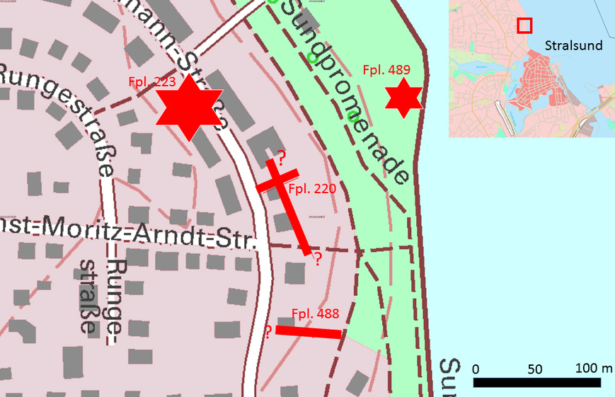 Abb. 4: Hansestadt Stralsund. Schematische Darstellung der Lage von zwei Schanzen (Fpl. 223 und 489) nach einer Übersichtskarte von 1764 und der Verläufe der bisher entdeckten Minengänge (Fpl. 220 und 488). Die Fragezeichen weisen auf den unsicheren Verlauf an den Enden hin. 