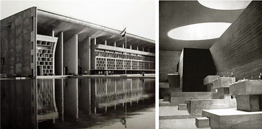 Abb. 2 links: Indien, Chandigarh (Hauptstadt der Bundesstaaten Punjab und Haryana), Justizpalast, 1956, Le Corbusier. (Foto: www.architizer.com.) rechts: Frankreich, Éveux, Kloster Sainte-Marie de La Tourette, Kapellen, 1956-1960, Le Corbusier, aus: Willy Boesiger, Hans Girsberger, Le Corbusier 1910-65, Basel 1999, S. 272. 