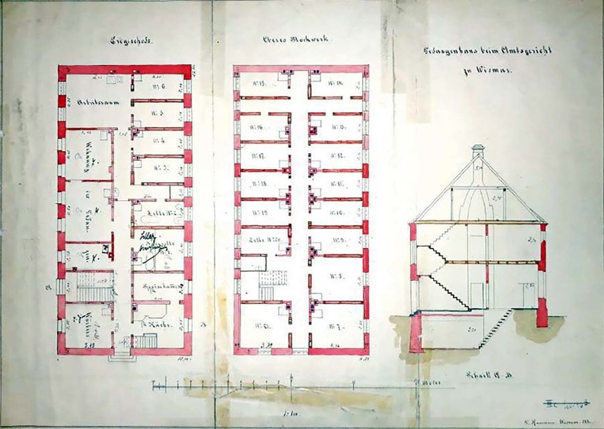 Download: Abb. 1. Gustav Hamann, Entwurf für ein „Gefangenhaus beim Amtsgericht zu Wismar“, um 1880. (Stadtarchiv Wismar) Abb. 1. Gustav Hamann, Entwurf für ein „Gefangenhaus beim Amtsgericht zu Wismar“, um 1880.