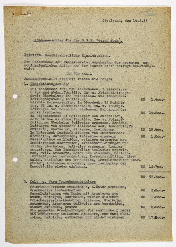 Abb. 3: Erste Seite eines Kostenanschlags für die Reparatur der &bdquo;Gorch Fock&ldquo; vom 19. Februar 1948 (Landesarchiv Greifswald, Rep. 243, Nr. 3106) 