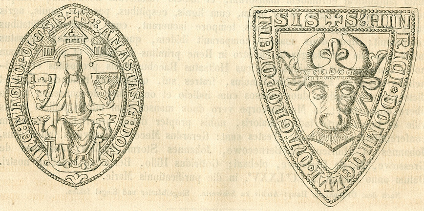 Download: Abb. 4: Nachzeichnung der Siegel der Fürstin Anastasia von Mecklenburg und ihres Sohnes Heinrich II. von Mecklenburg (Mecklenburgisches Urkundenbuch Bd. 2, Schwerin 1864, Nr. 1353, S. 507) Abb. 4: Nachzeichnung der Siegel der Fürstin Anastasia von Mecklenburg und ihres Sohnes Heinrich II. von Mecklenburg (Mecklenburgisches Urkundenbuch Bd. 2, Schwerin 1864, Nr. 1353, S. 507)