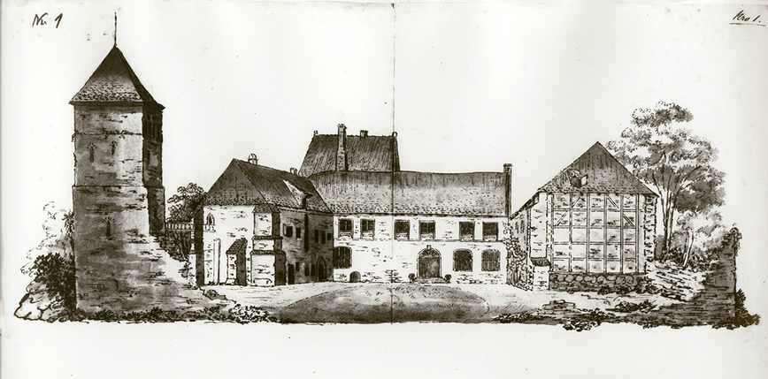 Abb. 3. Ansicht der Burg Warin von Norden, Zeichnung von Krug, 1837. 