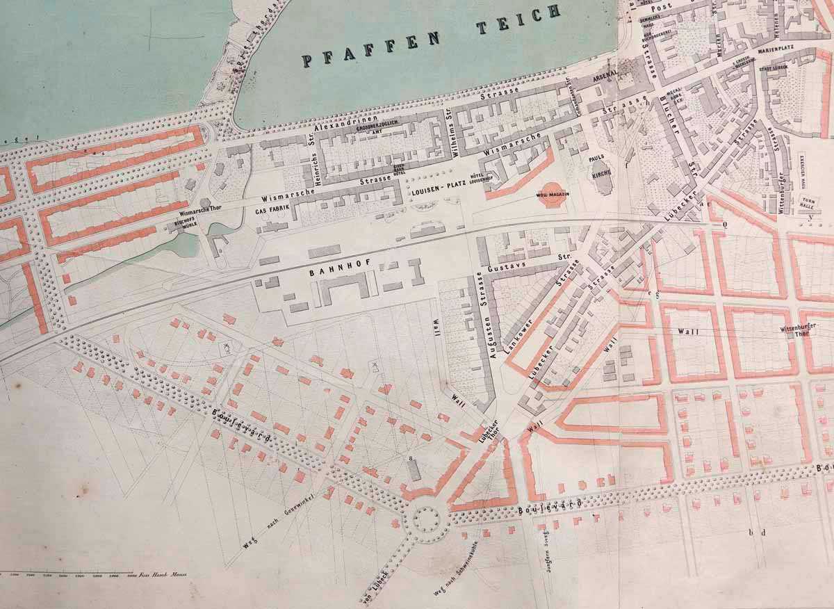 Abb. 2. G. A. Demmler, Erweiterungs- und Verschönerungsplan für die Residenzstadt Schwerin, 1863, Detail. (LAKD M-V/LD, Plansammlung) 