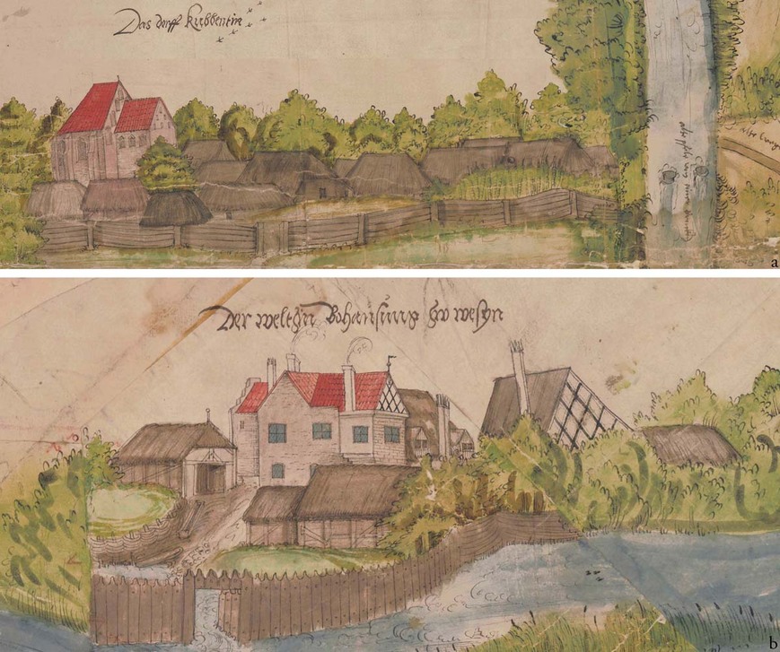 Abb. 8: Details der Darstellung von Planken und im Wasser stehender Palisaden auf der &bdquo;Lübz-Fahrenhorster Bildkarte&ldquo; aus dem 16. Jahrhundert. a Das Dorf Kuppentin; b Der Adelshof der Familie Weltzin. 