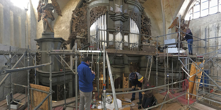 Abb.9. Stralsund, Kirche St. Jakobi, Orgelprospekt während der Restaurierung, März 2020. 