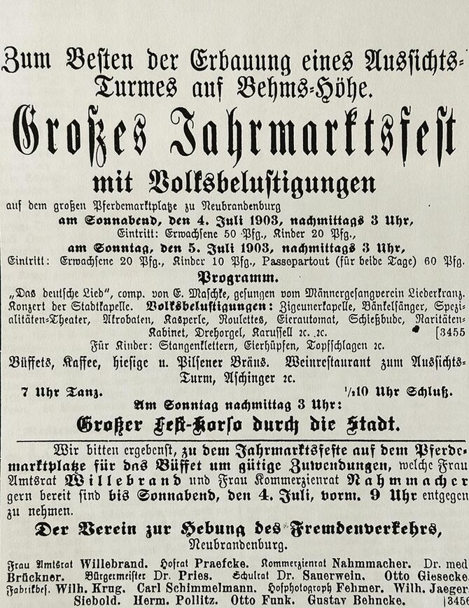 Abb. 6. Spendensammlung zum Bau des Aussichtsturms auf Behm&rsquo;s Höhe, Zeitungsausschnitt, 1903. 