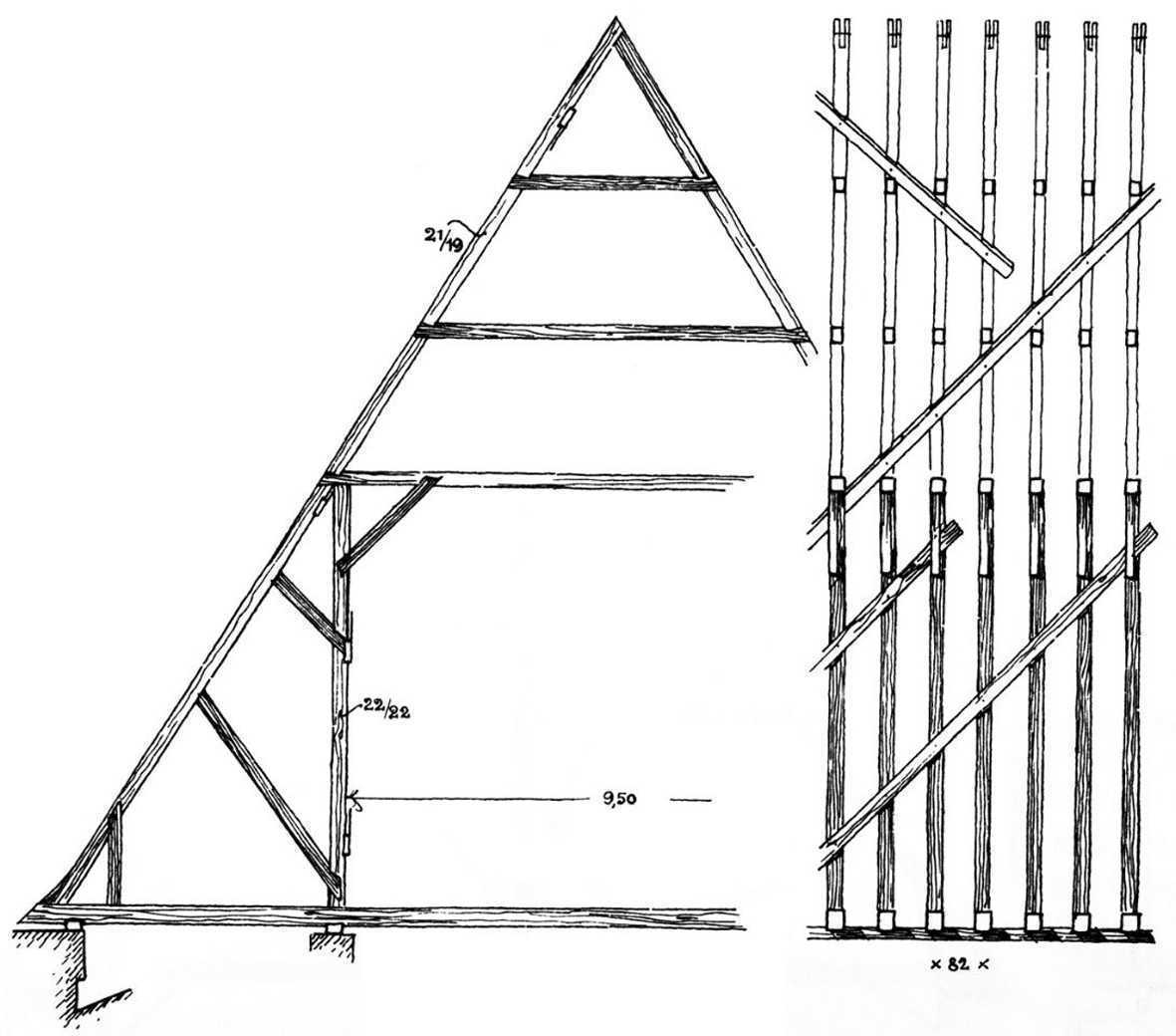 Abb. 4: Vereinfachte Darstellung des Dachwerks von 1292 (Zeichnung nach Friedrich Ostendorf, Die Geschichte des Dachwerks: erläutert an einer großen Anzahl mustergültiger alter Konstruktionen, S. 54. Leipzig 1908; Reprint Hannover 1982.) 