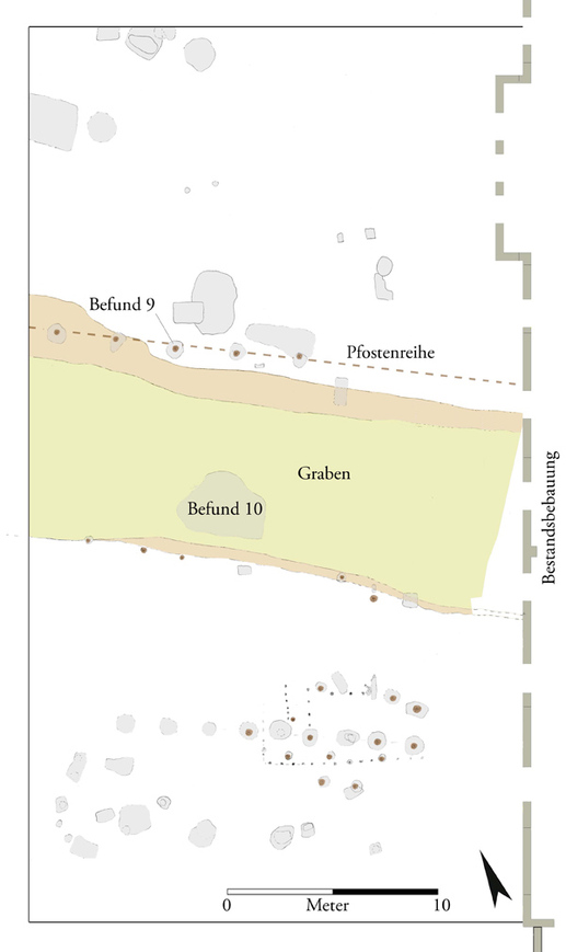 Abb. 4: Schwaan, Landkreis Rostock. Befundsituation mit Graben und grabenparalleler Pfostenreihe. 