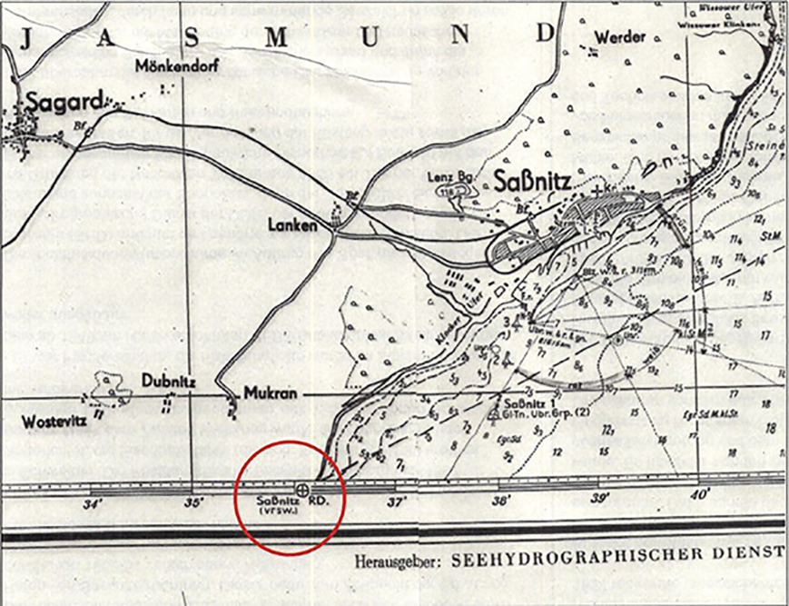Abb. 5. Seekarte, Seehydrographischer Dienst der DDR, 1957, rot umkreist: Richtfunkfeuer in Mukran samt symbolischen Zeichen, Kreis mit eingeschriebenem Kreuz, und Abkürzung RD. 