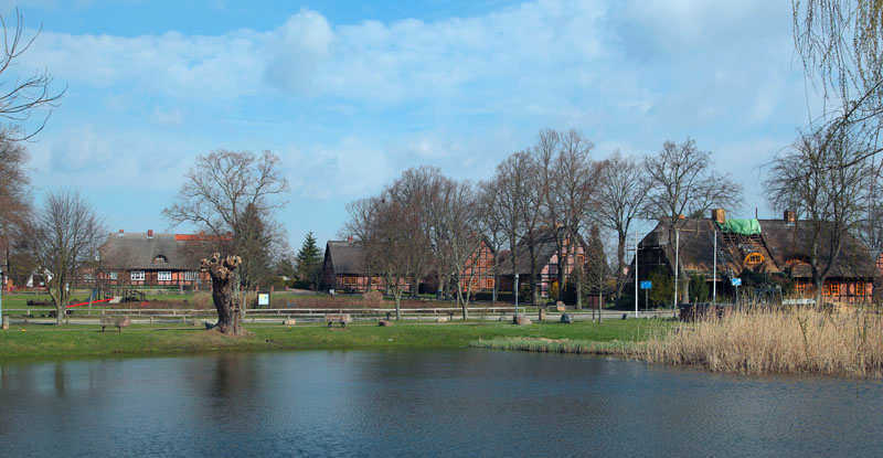 Abb.2: Alt Rehse, Lkr. Mecklenburgische Seenplatte, Blick über den Teich auf den Dorfanger, April 2011 