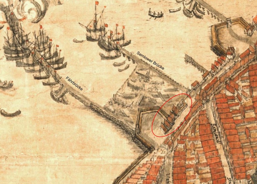 Abb. 1. Hansestadt Stralsund, Strandbereich zwischen Semlower- und Fährtor in der Stadtansicht des Johann Staude von 1647, Untersuchungsgebiet rot markiert. (Reichsarchiv Stockholm) 