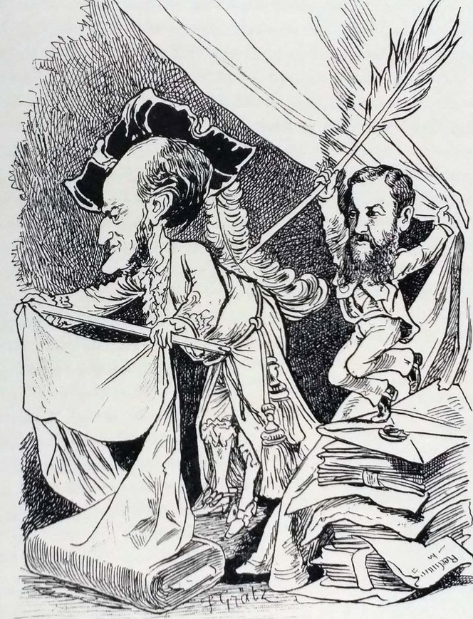 Abb. 6. Fritz Georg Grätz, „Frou-Frou Wagner“, Karikatur auf die Publikation der „Briefe Wagners an eine Putzmacherin'', 1877. (Eduard Fuchs/Ernst Kreowski, Richard Wagner in der Karikatur, Berlin 1907, S. 85). 