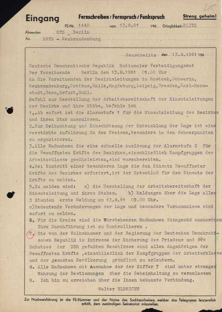 Fernschreiben vom 13.8.1961 