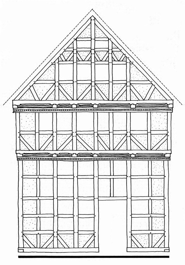 Download: Abb. 6. Landeshauptstadt Schwerin, Schmiedestraße 15, Wohn- und Geschäftshaus, Rekonstruktionsversuch der Ostfassade (Zeichnung Günter Ehrhardt, Lübstorf, um 1990) Abb. 6. Landeshauptstadt Schwerin, Schmiedestraße 15, Wohn- und Geschäftshaus, Rekonstruktionsversuch der Ostfassade