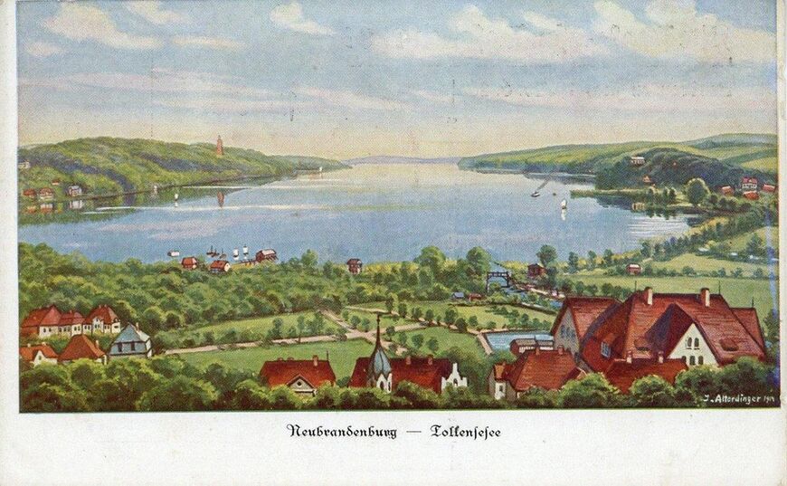 Abb. 2. Blick von Neubrandenburg auf den Tollensesee mit Aussichtsturm auf Behm&rsquo;s Höhe (Ostufer) und dem von Friedrich Wilhelm Buttel errichteten Belvedere (Westufer). Ansicht von Josef Alterdinger, 1914. 