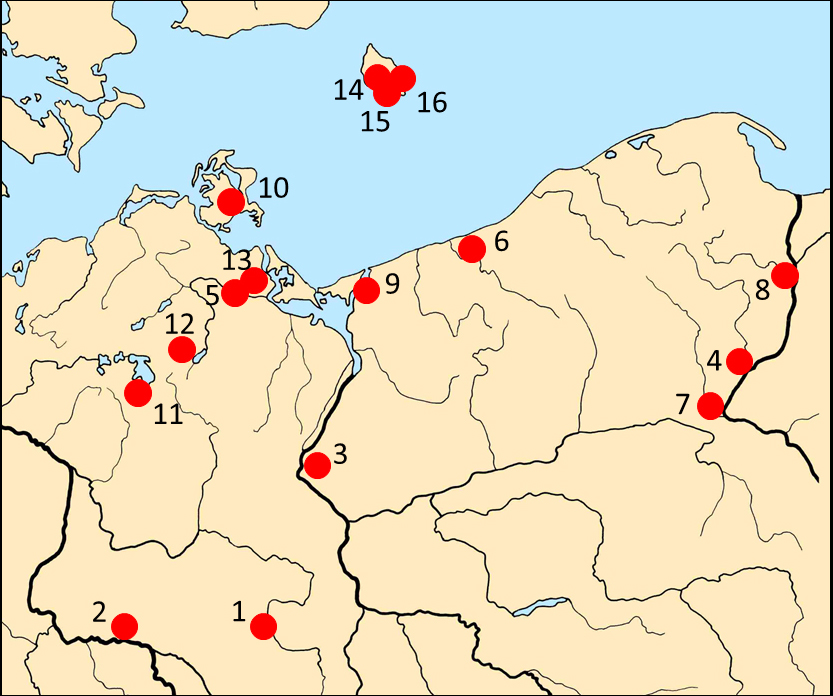 Abb. 6 Verbreitung der Tierfiguren im südlichen Ostseeraum (ohne Gotland) : 1 Berlin-Spandau, 2 Brandenburg, 3 Cedynia, 4  Kałdus, 5 Krien, 6 Kołobrzeg-Budzistowo, 7  Pawłówek, 8 Tymawa, 9 Wollin (2x), 10 Garftitz, 11 Vipperow, 12 Werder/Müritz, 13 Menzlin, 14  Billesgravgård, 15 Ladegård, 16 Maglegård/Østermarie. 