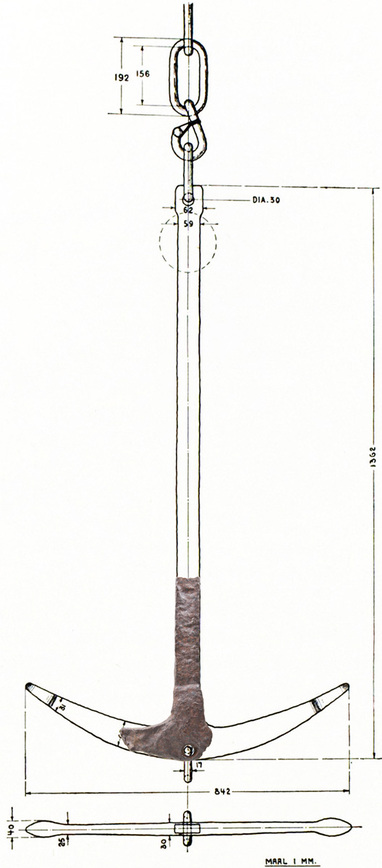 Download: Abb. 3. Der Anker von Arkona, projiziert in die Umzeichnung des Ankers von Ladby (Ladby nach Sølver 1946, Abb. 3; Grafik: LAKD/LA, F. Ruchhöft unter Verwendung eines Fotos von S. Suhr) Abb. 3. Der Anker von Arkona, projiziert in die Umzeichnung des Ankers von Ladby (Ladby nach Sølver 1946, Abb. 3; Grafik: LAKD/LA, F. Ruchhöft unter Verwendung eines Fotos von S. Suhr)