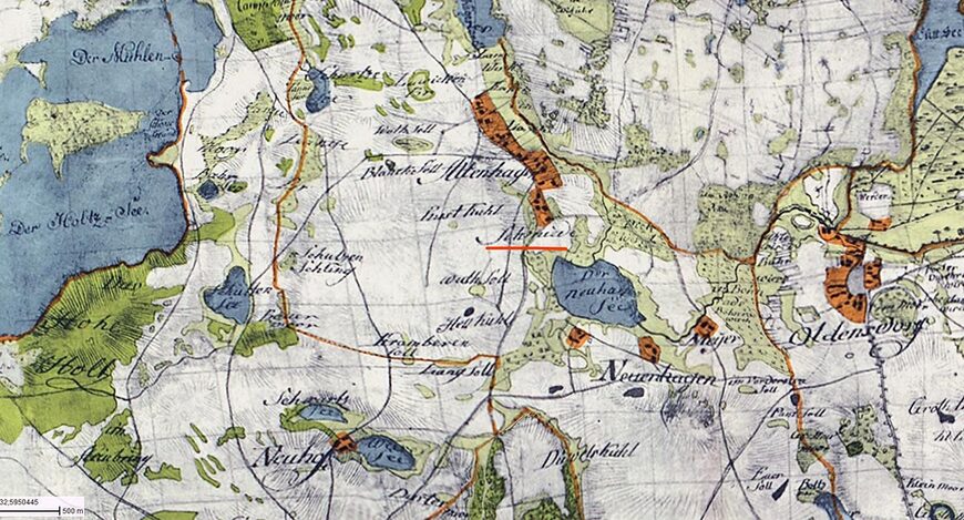 Abb. 8. Die Dorfschmiede in Altenhagen auf der Wiebeking-Karte von 1786. Mit großer Präzision fand die Dorfschmiede von Altenhagen mit Bezeichnung Aufnahme in das Kartenwerk. 