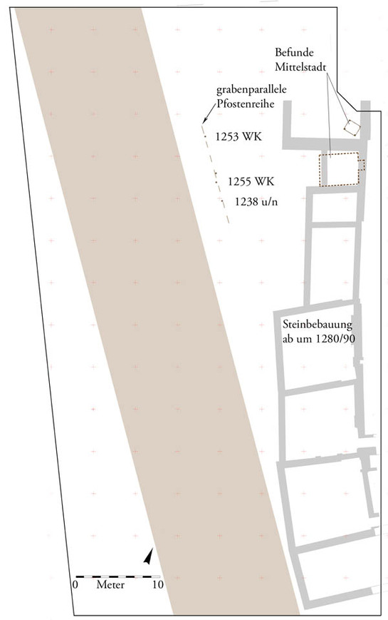 Abb. 1: Rostock, Hansestadt. Grenzgraben und grabenparallele Pfostenreihe im Bereich des Quartiers am Glatten Aal. 