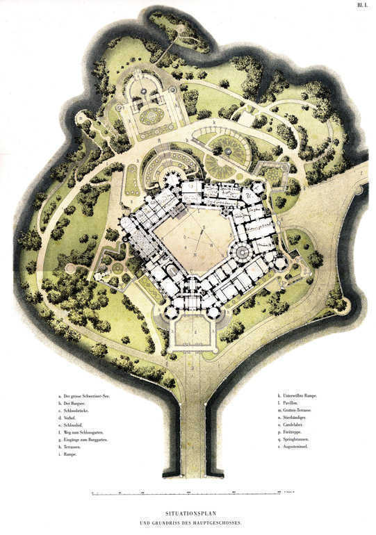 Abb. 1: Situationsplan von T. Klett, 1869 , Aus: A. Stüler/E. Prosch/H. Willebrand, Das Schloss zu Schwerin [= Festschrift]. Berlin 1869. (Stadtarchiv Schwerin) 