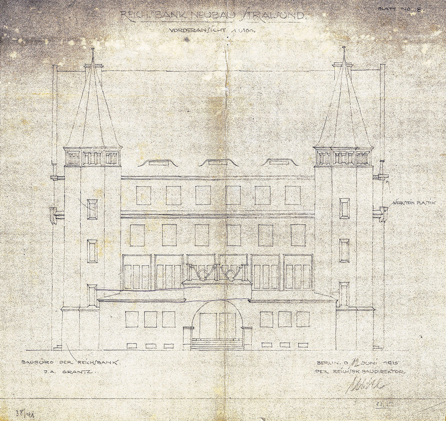 Download: Abb. 2. Reichsbank-Neubau Stralsund, Entwurf der Vorderansicht, 1925, Baubüro der Reichsbank (Grantz). (Bauaktenarchiv der Hansestadt Stralsund) Abb. 2. Reichsbank-Neubau Stralsund, Entwurf der Vorderansicht, 1925, Baubüro der Reichsbank (Grantz).