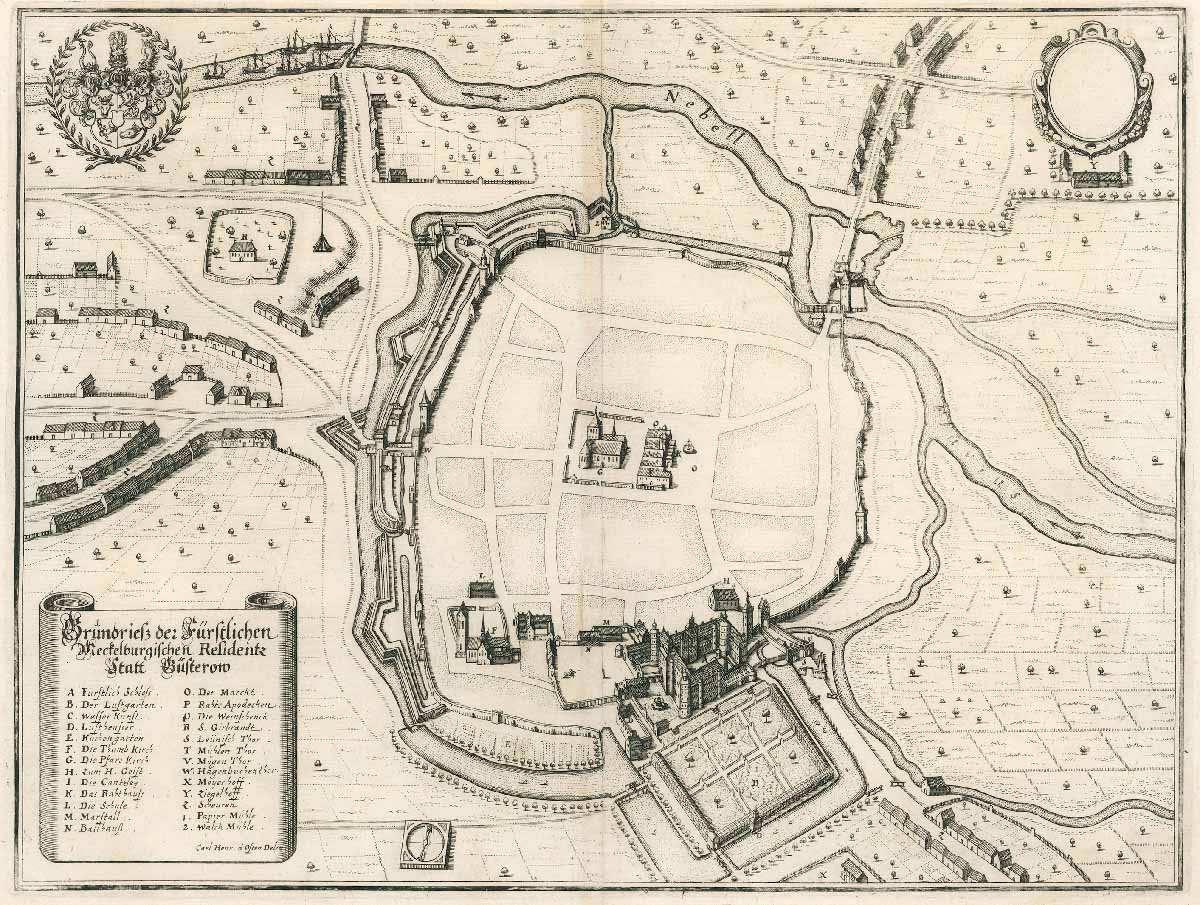 Abb. 5. Merian: Topographia Saxoniae Inferior. &bdquo;Grundriess der Fürstlichen Mecklenburgischen Residentz Statt Güsterow&ldquo; 