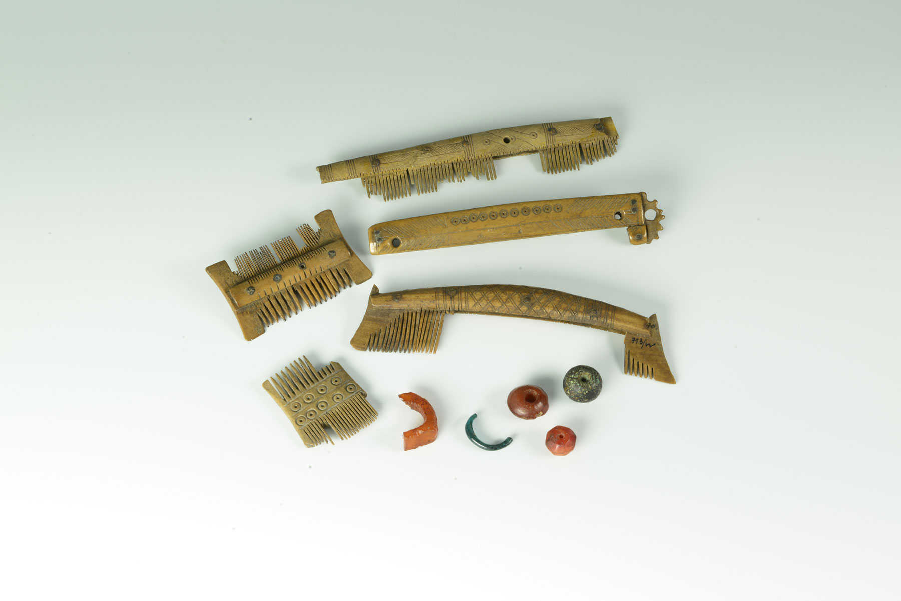 Abb. 1: Gützkow. Kämme aus Geweih und Knochen, Kammfutterale, Bernsteinperlen, Bruchstücke eines Fingerringes aus Glas sowie eines aus Bernstein mit breiter Schauplatte 