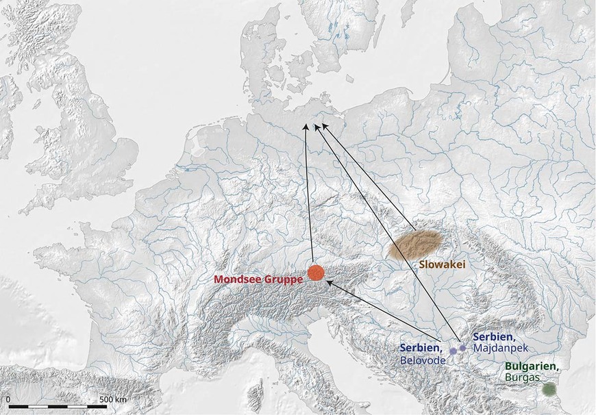 Abb. 6: Wichtige Rohstoffquellen für jungsteinzeitliche Kupferobjekte in Mecklenburg-Vorpommern sowie mögliche Wege des Kupfers in den Norden. 