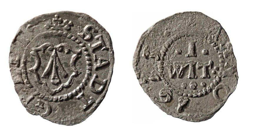 Abb.18: Anklam, Lkr. Vorpommern-Greifswald. Witten von 1633 aus Stralsund, Vorder- und Rückansicht (Durchmesser 15 mm). 