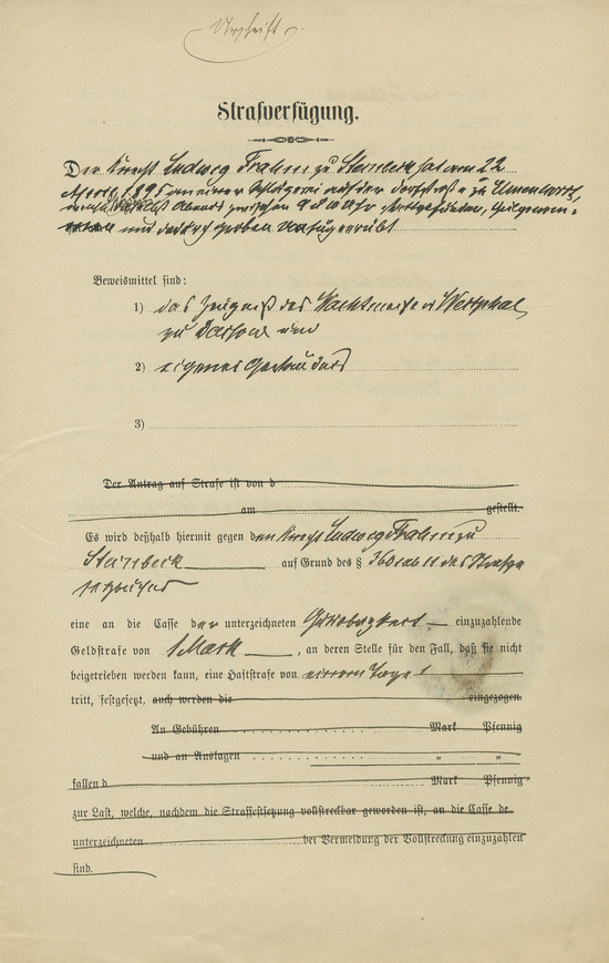 Strafverfügung der Gutsobrigkeit Elmenhorst vom 9. Juli 1895 gegen Ludwig Frahm (LHAS, 3.2-5/12, Nr. 1612) 