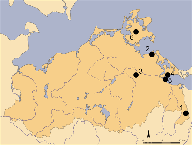 Abb. 4 Fundorte gotländischer Fibeln in Mecklenburg-Vorpommern. 1 Pasewalk, 2 Nonnendorf, 3 Klein Below, 4 Usedom, 5 Wilhelmshof, 6 Marlow 