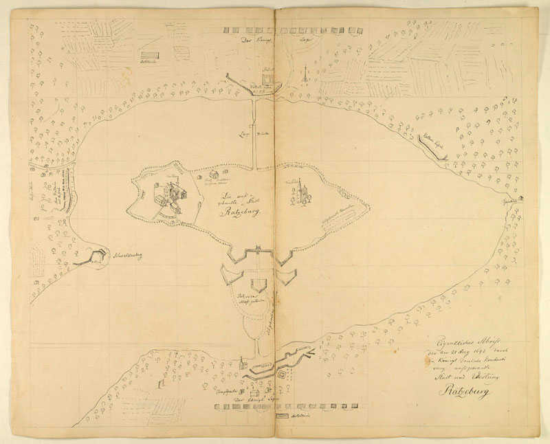 Skizze der ausgebrannten Stadt Ratzeburg nach der Bombardie­rung, (Landeshauptarchiv Nr. 222, Bestand 2.12-3/1) 