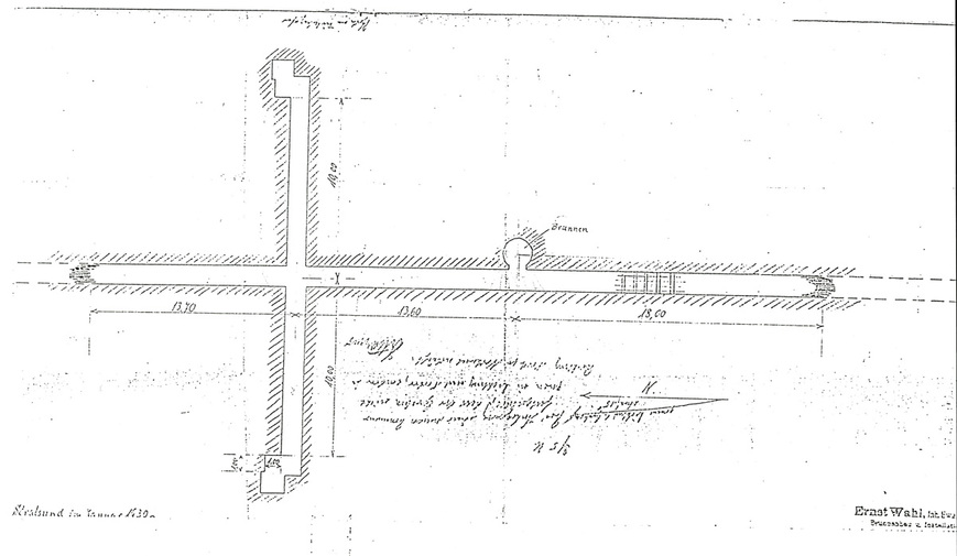 Abb. 2: Hansestadt Stralsund, Fpl. 220. Plan des 1930 entdeckten und durch die Brunnenbaufirma Wahl (mit Nachträgen des Bauherren) dokumentierten Minengangs in der Bauakte Friedrich-Naumann-Straße 43. 