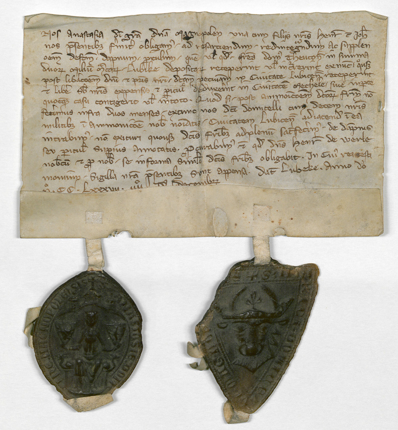 Download: Abb. 1: Die Fürstin Anastasia von Mecklenburg und ihre beiden Söhne verpflichten sich mit dieser 1287 in Lübeck ausgestellten Urkunde, dem Deutschen Orden sofort nach der Befreiung Heinrichs I. 2.000 Mark in Silber auszuzahlen (Quelle: LHAS, 1.1-12/6, Nr. 0a) Abb. 1: Die Fürstin Anastasia von Mecklenburg und ihre beiden Söhne verpflichten sich mit dieser 1287 in Lübeck ausgestellten Urkunde, dem Deutschen Orden sofort nach der Befreiung Heinrichs I. 2.000 Mark in Silber auszuzahlen (Quelle: LHAS, 1.1-12/6, Nr. 0a)