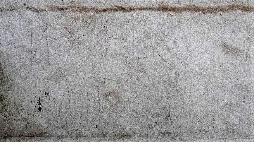 Abb. 10. Mukran, Lkr. Vorpommern-Rügen, Gelände des ehemaligen Eisenbahn-Fährhafens, Haltestelle Mukran-Mitte, nordwestliches Wartehäuschen, Inneres nach Nordwesten, Inschriften: Ижевск - Izhewsk (Stadt, Rusland), ДМБ 90 - DMB (Abkürzung für die Dеmobilisation) 90 