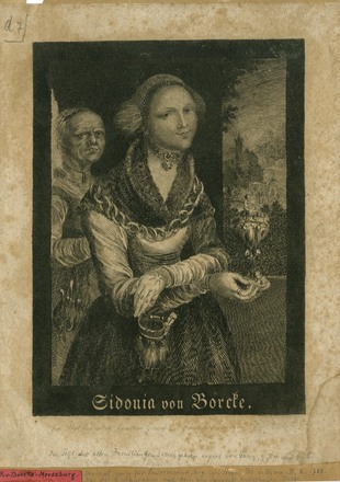 Bild: Doppelportrait der Sidonia von Borcke. Landesarchiv Greifswald Rep. 38 Borcke Nr. 104 d 7. (Datei: Rep38d_Nr104Borcke_d07.tif)
