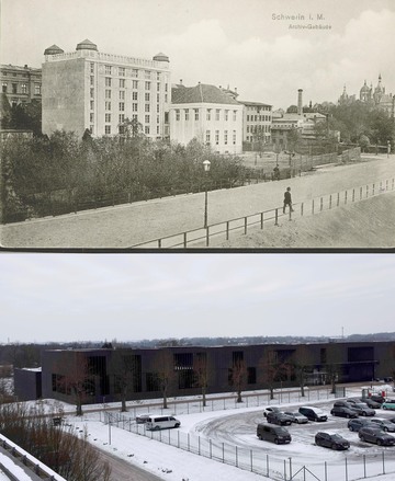 Postkarte des Gebäudes des Geheimen und Hauptarchivs, um 1910/11 (LAMV, 13.2-1, Schwerin, Archiv 5) und Blick auf das Depot- und Werkstattgebäude, Febr. 2026 (© LAMV, Stock)