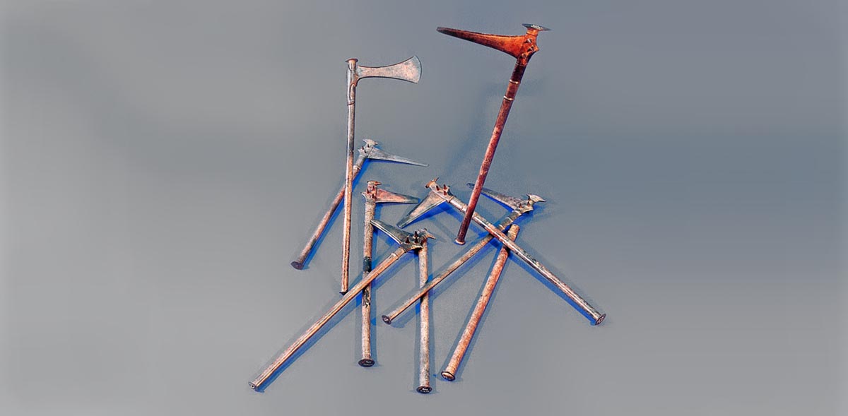 Abb. 1: Melz, Lkr. Mecklenburgische Seenplatte. Gesamtansicht des Hortfundes. Bei genauem Hinsehen sind die beiden „kopflosen“ Schäfte zu erkennen. Foto: LAKD MV/LA. Abb. 1: Melz, Lkr. Mecklenburgische Seenplatte. Gesamtansicht des Hortfundes. Bei genauem Hinsehen sind die beiden „kopflosen“ Schäfte zu erkennen.