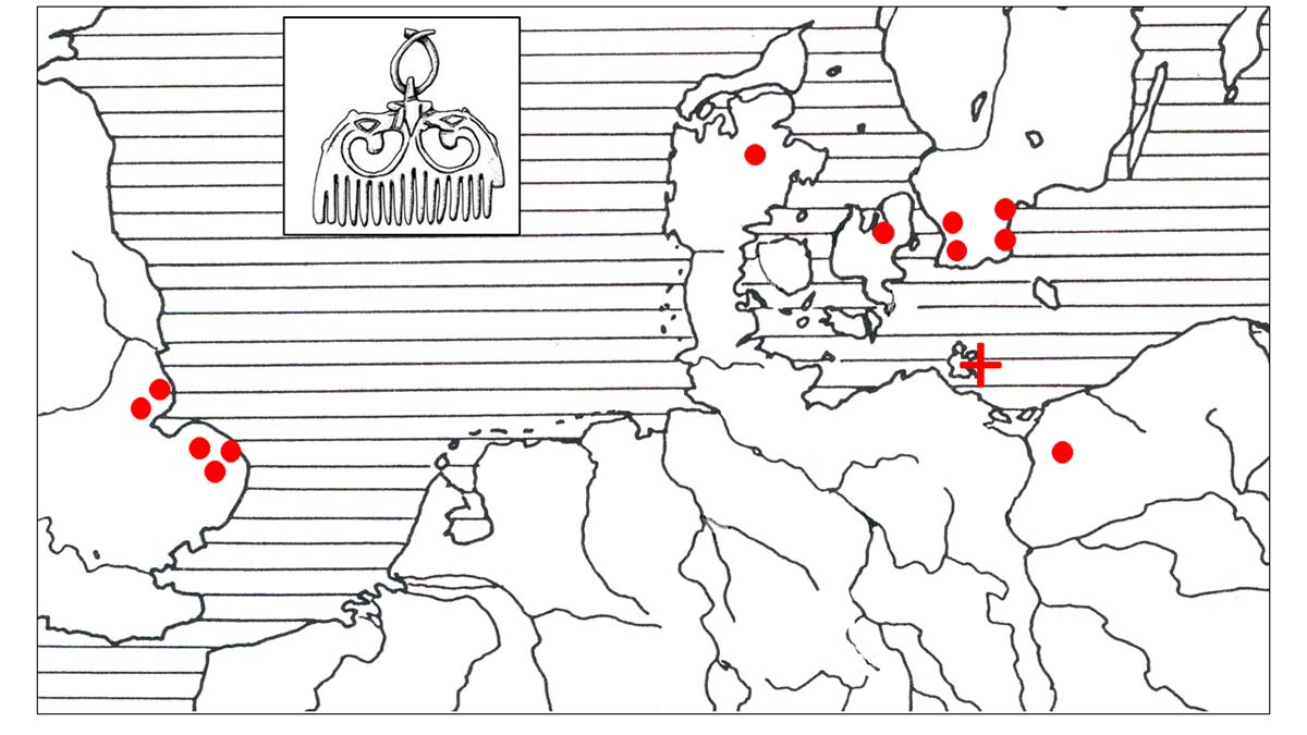 Abb. 3: Verbreitungskarte der Miniaturkämme (rotes Kreuz: Garftitz, Lkr. Vorpommern-Rügen) mit zoomorpher Griffplatte im Ringerike-Stil (nach Katalog Andrzej Janowski 2016 mit Ergänzung).