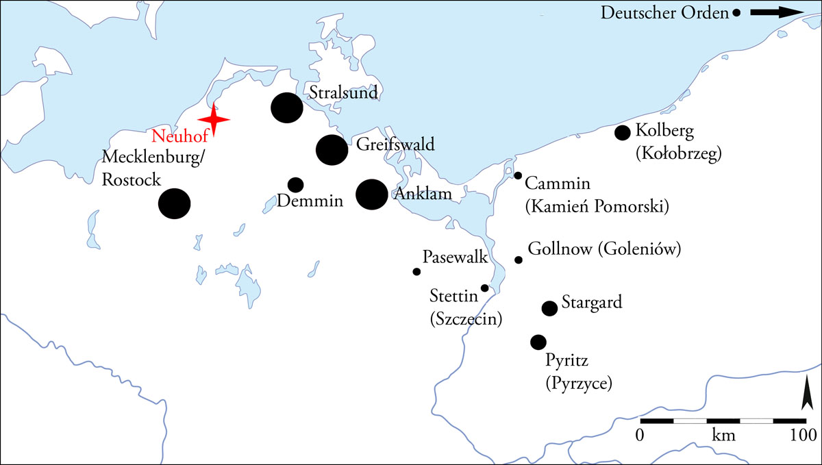 Abb. 27: Neuhof, Lkr. Vorpommern-Rügen, Fpl. 2. Herkunft der im Münzschatz 2 enthaltenen Hohlpfennige. Die Größe der Kreise gibt einen groben Überblick über die Häufigkeit der Münzen. Karte: LAKD M-V, Landesarchäologie, Peter Kaute. Abb. 27: Neuhof, Lkr. Vorpommern-Rügen, Fpl. 2. Herkunft der im Münzschatz 2 enthaltenen Hohlpfennige. Die Größe der Kreise gibt einen groben Überblick über die Häufigkeit der Münzen.