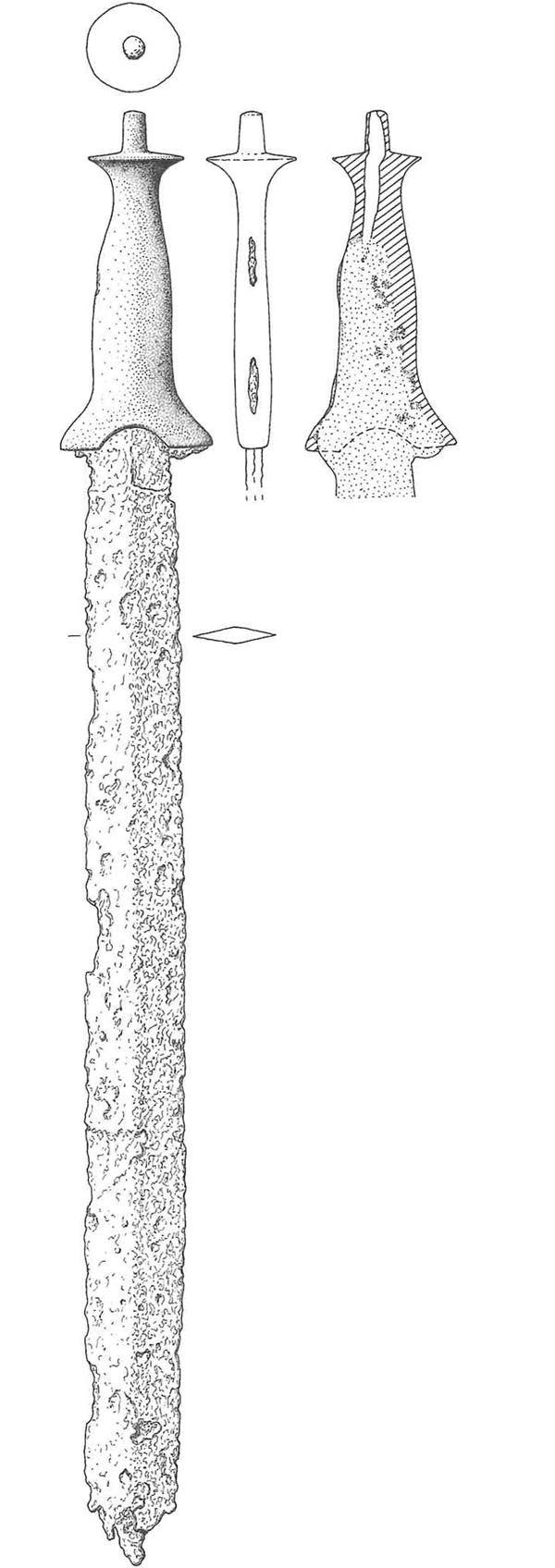 Abb. 2: Schwert mit bronzenem Vollgriff und eiserner Klinge „aus der Warnow bei Schwaan“. Abbildung: Wüstemann 2004, Taf. 85, 520. Abb. 2: Schwert mit bronzenem Vollgriff und eiserner Klinge „aus der Warnow bei Schwaan“.