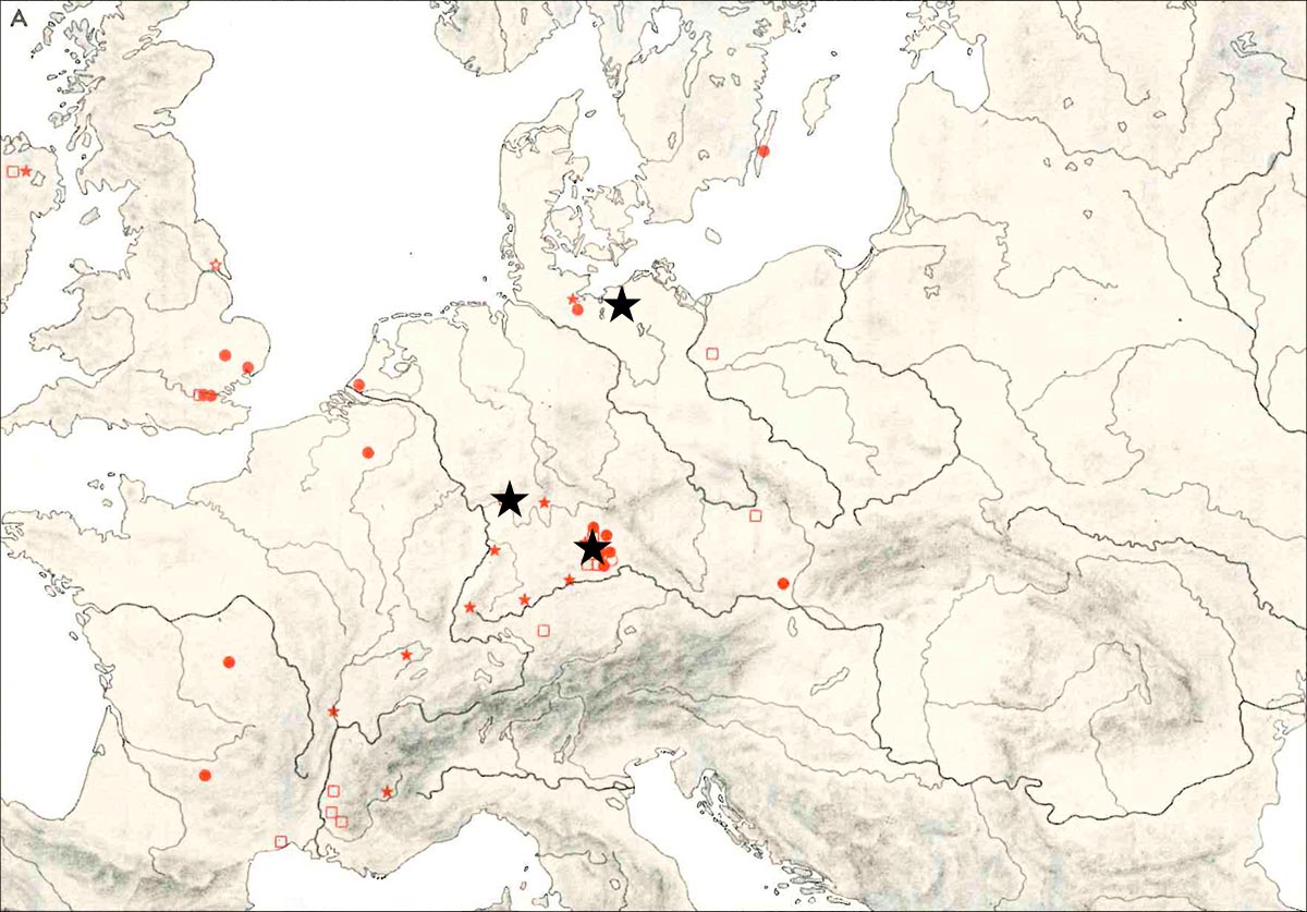 Abb. 3: Verbreitung hallstattzeitlicher Ortbänder der Typen Prüllsbirkig, Dottingen und Büchenbach. Die Ortbänder der Art Frankfurter Stadtwald sind hervorgehoben. Karte: Schauer 1971, 127 A mit Ergänzung. Abb. 3: Verbreitung hallstattzeitlicher Ortbänder der Typen Prüllsbirkig, Dottingen und Büchenbach. Die Ortbänder der Art Frankfurter Stadtwald sind hervorgehoben.