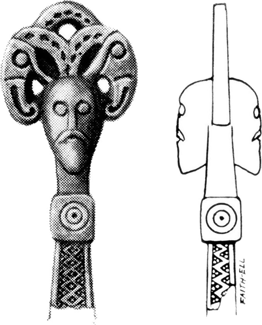 Abb. 3: Kopf mit nach außen blickenden Vogeldarstellungen auf einem Gerätegriff von Ihre, Gotland, aus dem 6.–8. Jahrhundert. Frontal- und Seitenansicht (nach Nerman 1969, Taf. 123,1099).