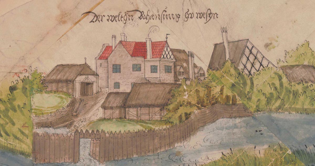 Abb. 8b: Details der Darstellung von Planken und im Wasser stehender Palisaden auf der „Lübz-Fahrenhorster Bildkarte“ aus dem 16. Jahrhundert. Der Adelshof der Familie Weltzin. Karte: LAKD M-V, Landesarchiv, 12.11-2, Grenzkarten von Mecklenburg, Nr. 23. Abb. 8b: Details der Darstellung von Planken und im Wasser stehender Palisaden auf der „Lübz-Fahrenhorster Bildkarte“ aus dem 16. Jahrhundert. Der Adelshof der Familie Weltzin.