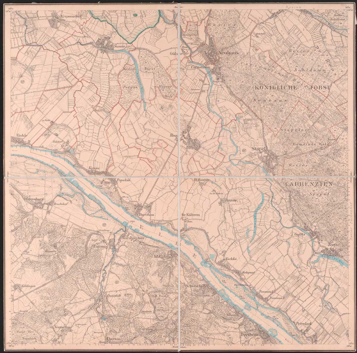 Abb. 1: Topografische Karte M 1 : 25.000 (Messtischblatt) des Amtes Neuhaus (LHAS, 12.11-4/1, Bl. 1303) Abb. 1: Topografische Karte M 1 : 25.000 (Messtischblatt) des Amtes Neuhaus