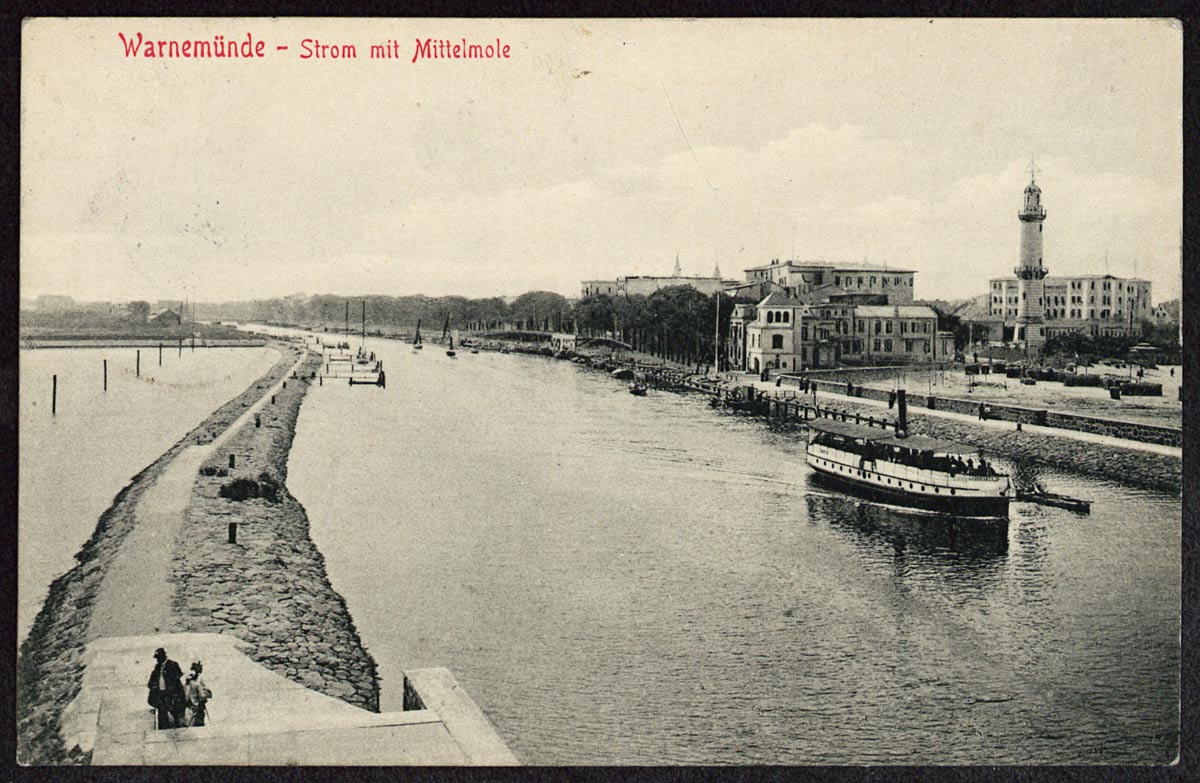 Abb. 2: Der Alte Strom mit Mittelmole und Leuchtturm, vor 1907 Stengel & Co. GmbH Dresden (LHAS, 13.2-5, Nr. 9/385) Abb. 2: Der Alte Strom mit Mittelmole und Leuchtturm, vor 1907